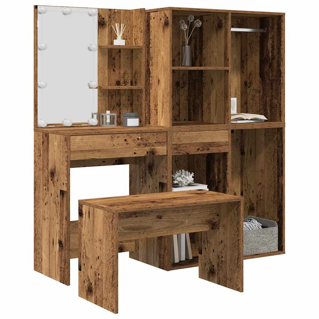 Dressing Table Set with LED Engineered Wood Old wood