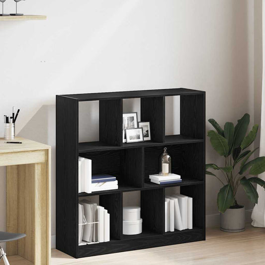 vidaXL Book Cabinet Black Oak Engineered Wood placed in a bright living room with decor