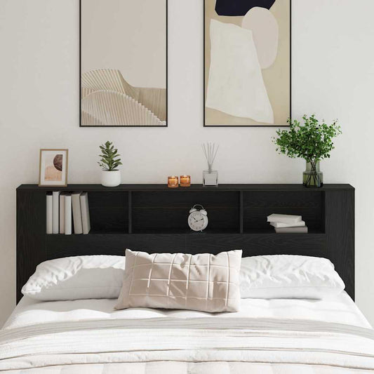 vidaXL Headboard Cabinet Black Oak Engineered Wood placed behind a bed with decor on the shelves
