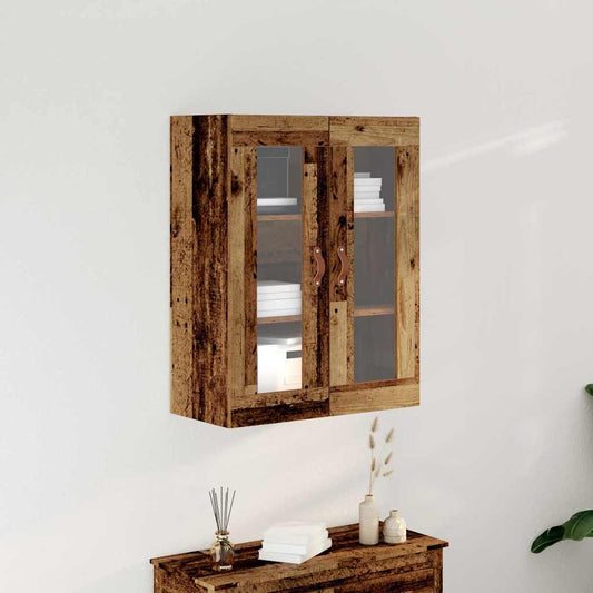 vidaXL Wall Cabinet Old Wood Engineered Wood with two glass doors and leather handles