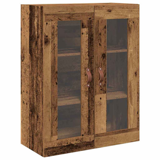 A rustic wooden wall cabinet with two glass doors and leather handles, showing its side