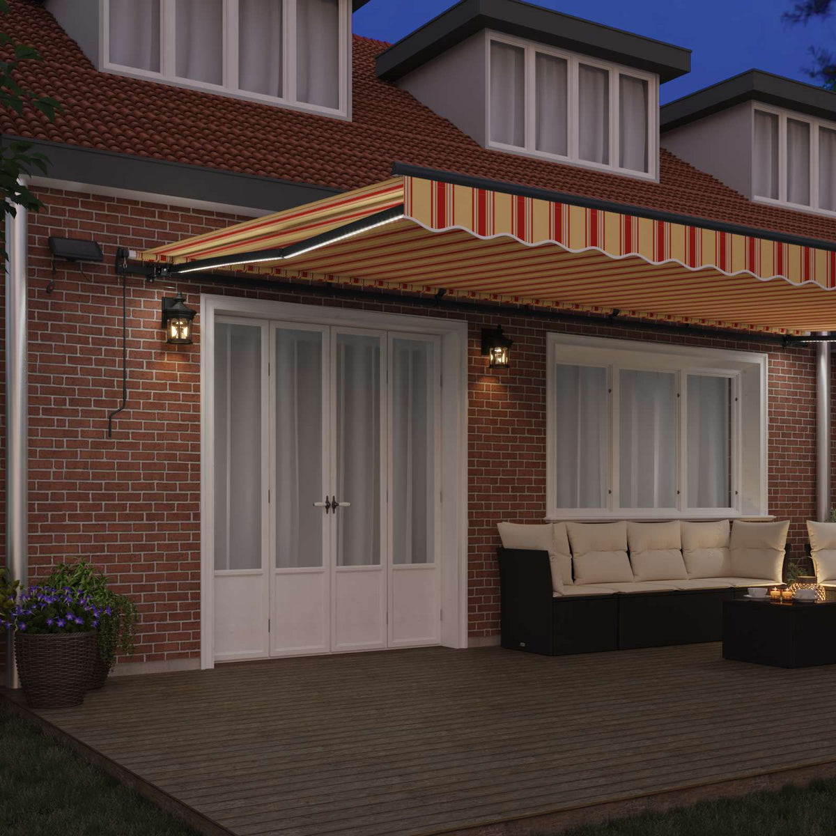 Manual Awning with Solar LED 6 x 3 m 100% Polyester with Anthracite Frame Drop 300 cm Width 600 cm Yellow/orange/white