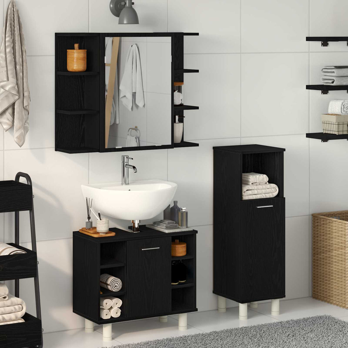 3 Piece Bathroom Furniture Set Engineered Wood Black oak