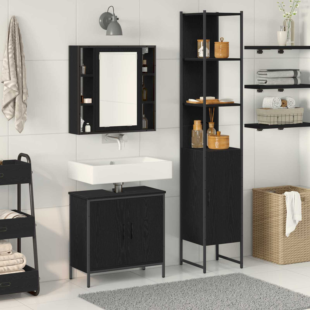 3 Piece Bathroom Cabinet Set Engineered Wood Black oak
