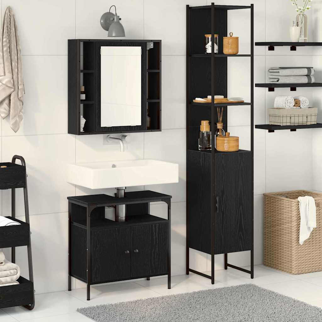 3 Piece Bathroom Cabinet Set Engineered Wood Black oak