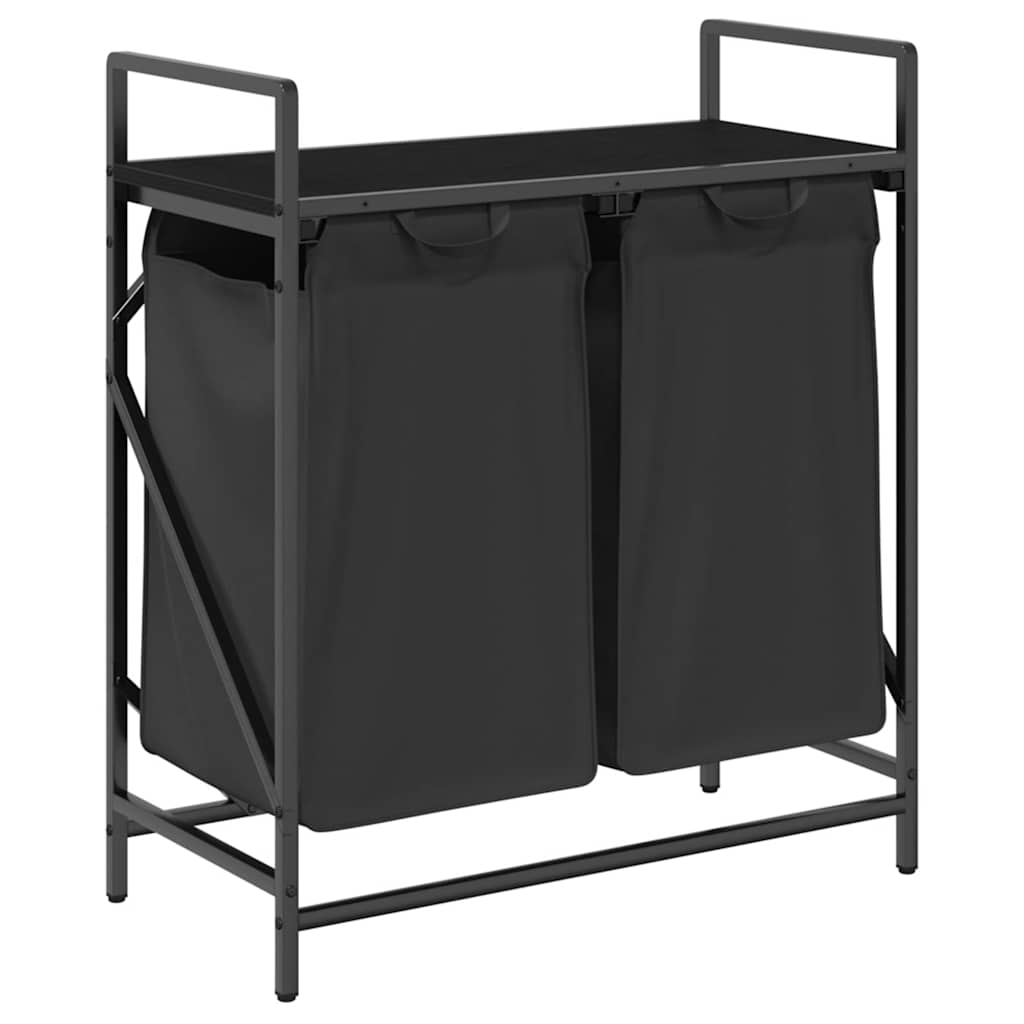 vidaXL Laundry Basket 2 Compartments with Shelf Black Oak 2