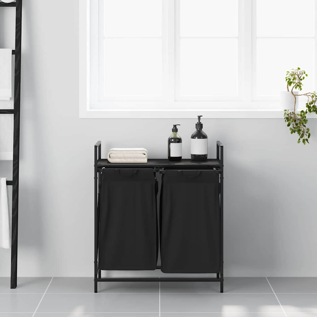 vidaXL Laundry Basket 2 Compartments with Shelf Black Oak 3