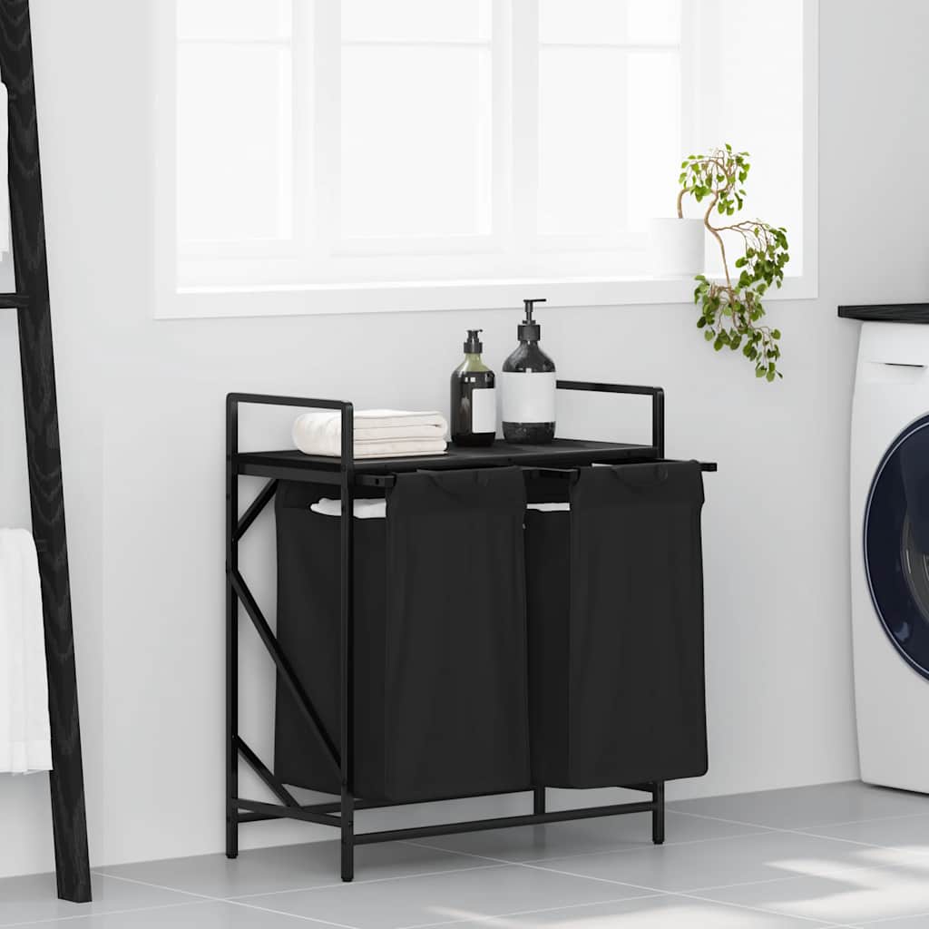 vidaXL Laundry Basket 2 Compartments with Shelf Black Oak 1