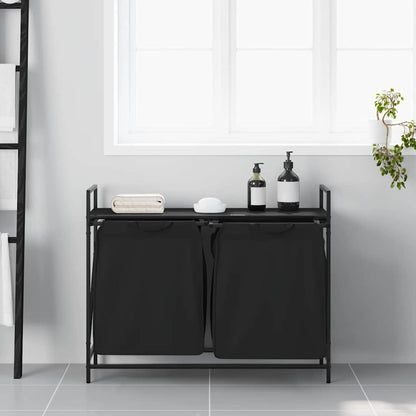 vidaXL Laundry Basket 2 Compartments with Shelf Black Oak 3