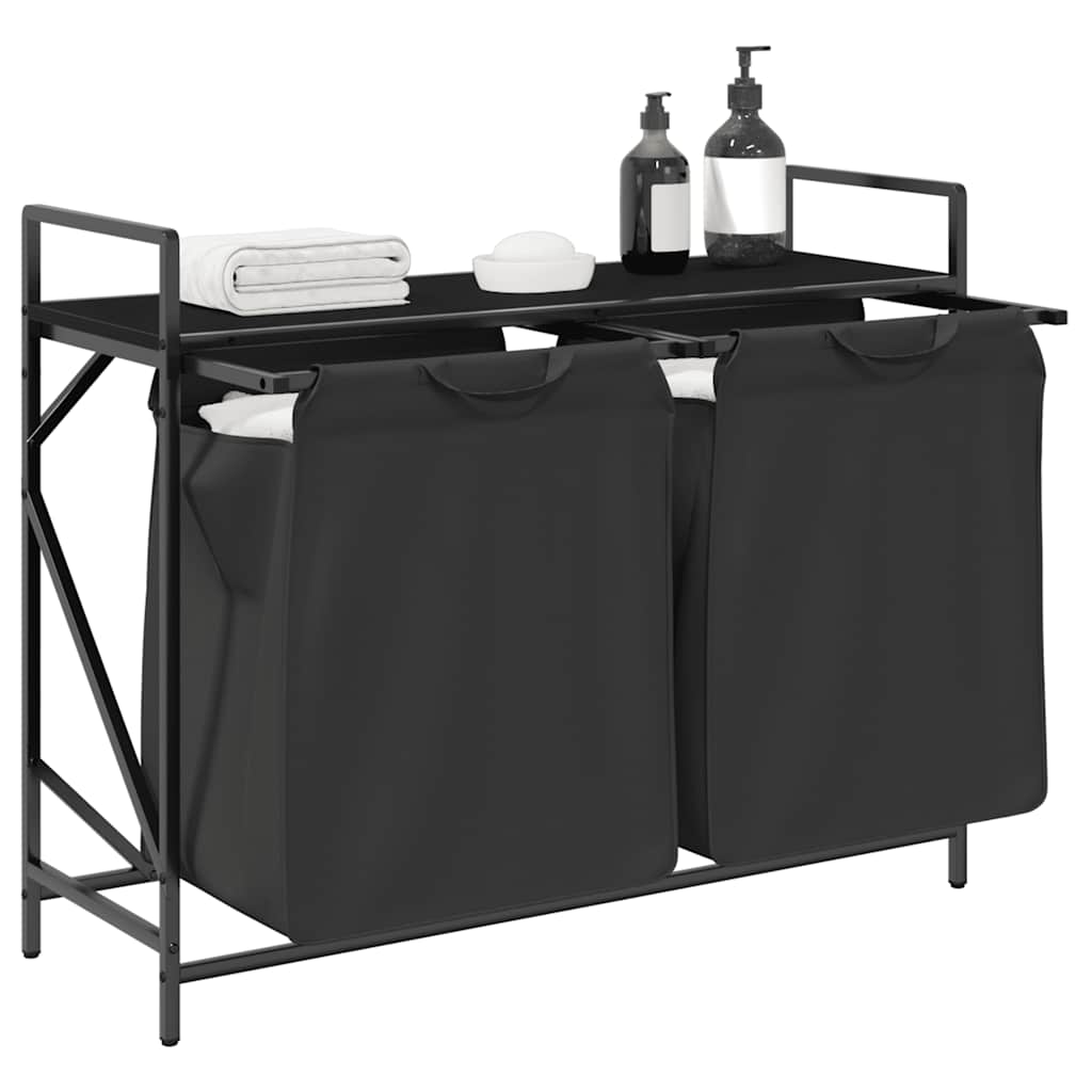 vidaXL Laundry Basket 2 Compartments with Shelf Black Oak 4
