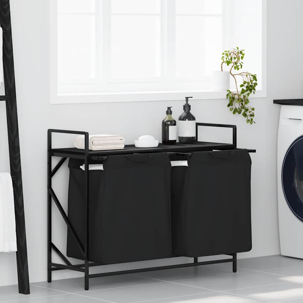 vidaXL Laundry Basket 2 Compartments with Shelf Black Oak 1