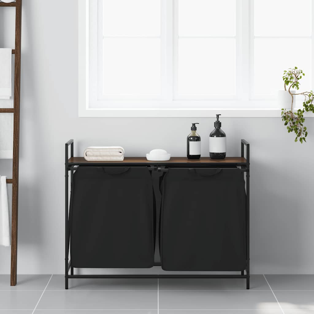 vidaXL Laundry Basket 2 Compartments with Shelf Brown Oak 3