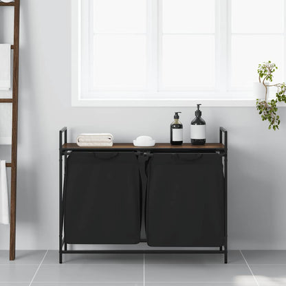 vidaXL Laundry Basket 2 Compartments with Shelf Brown Oak 3