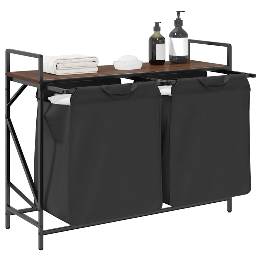 vidaXL Laundry Basket 2 Compartments with Shelf Brown Oak 4