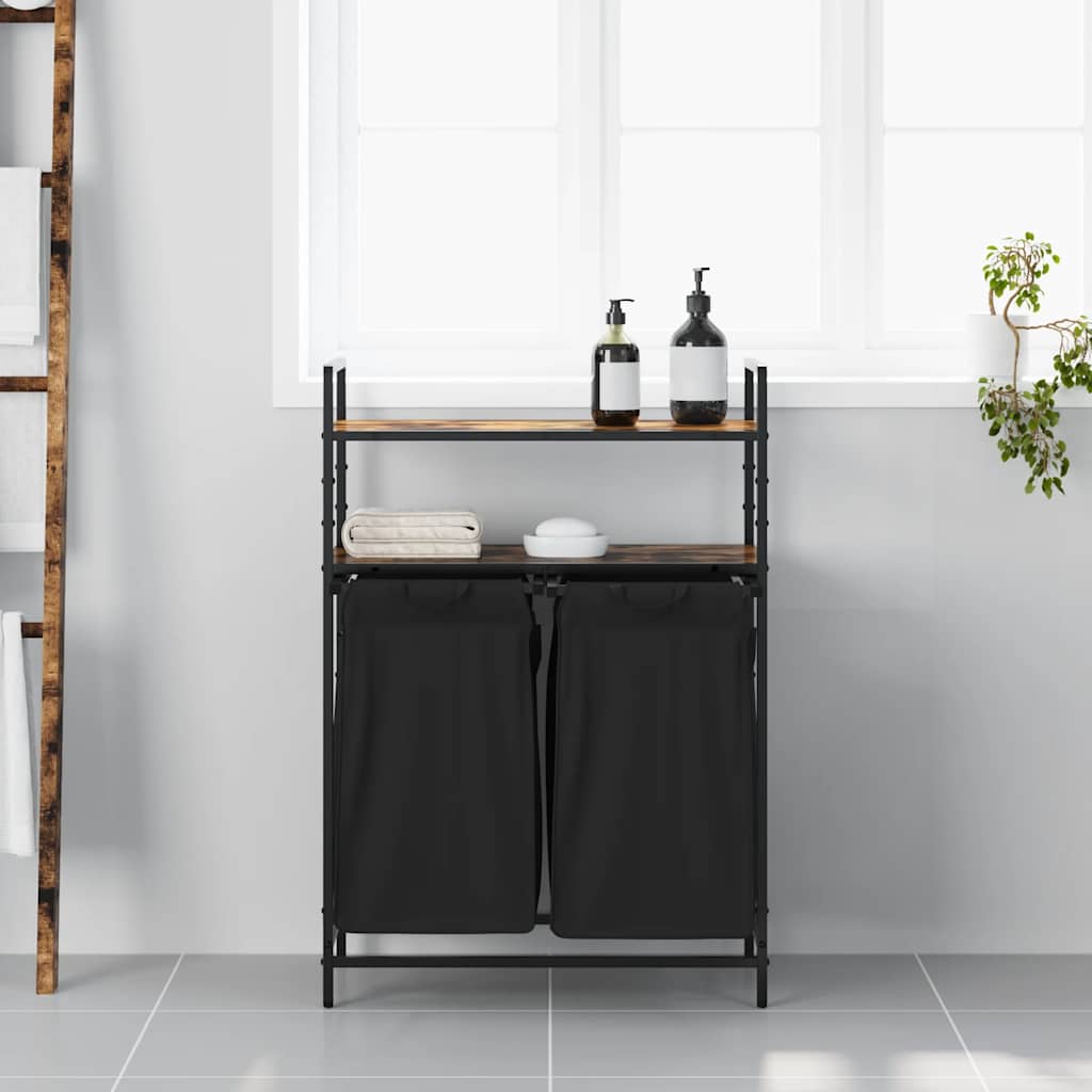 vidaXL Laundry Basket 2 Compartments with Shelves Smoked Oak 3