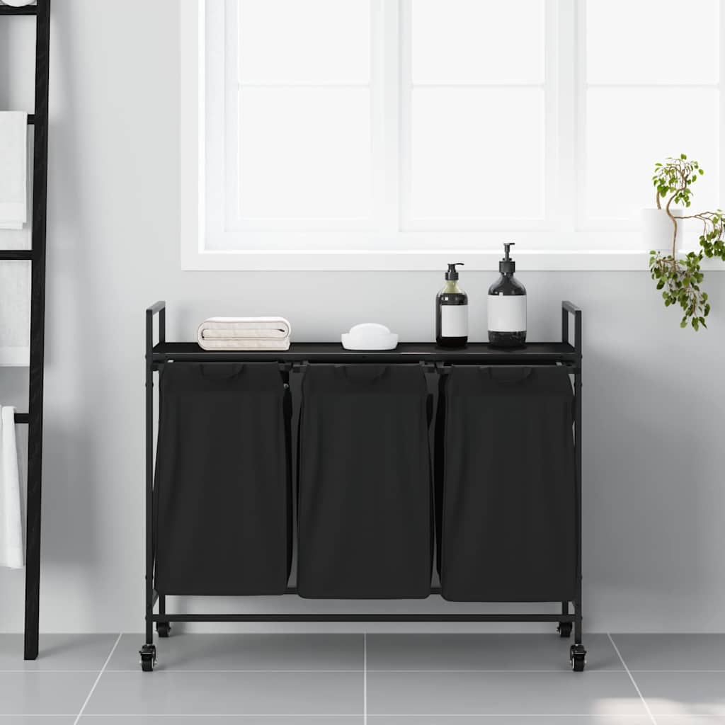 vidaXL Laundry Basket 3 Compartments with Wheels Black Oak 3