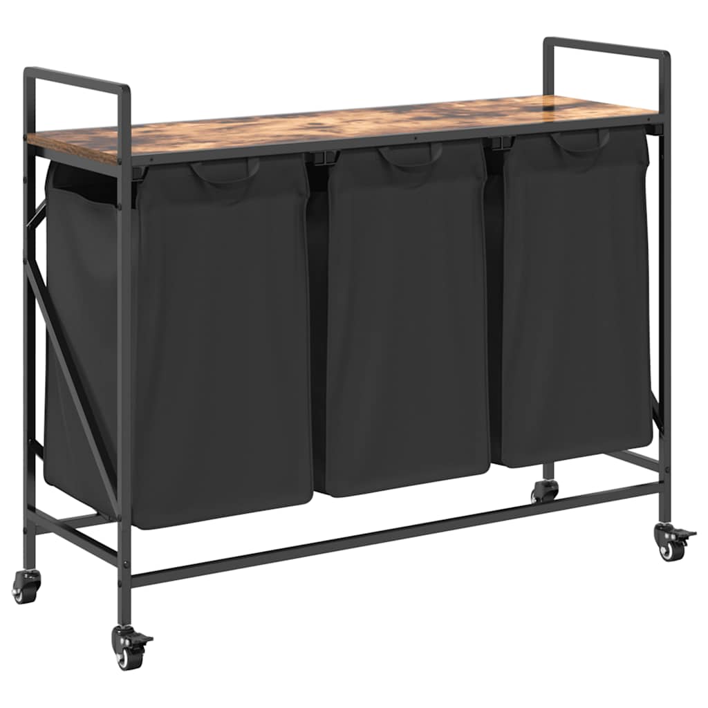 vidaXL Laundry Basket 3 Compartments with Wheels Smoked Oak 2