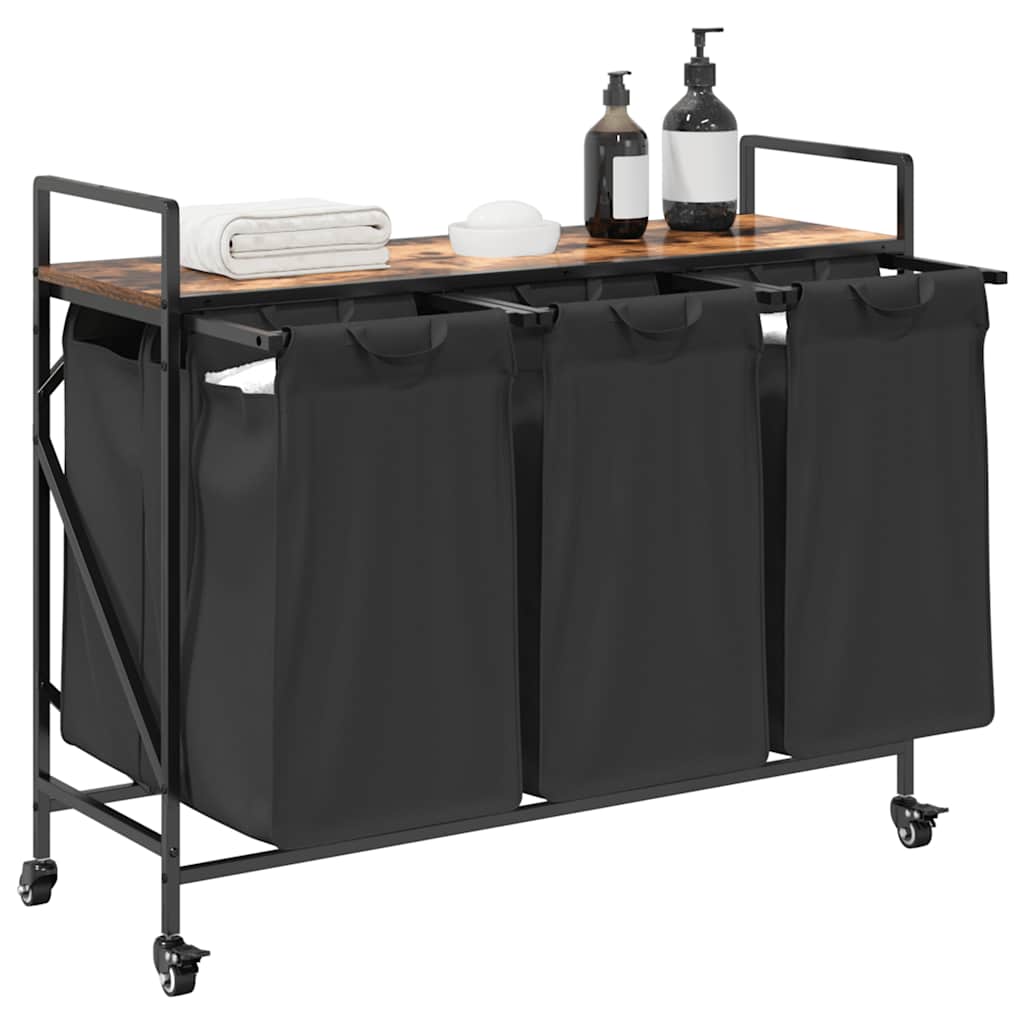 vidaXL Laundry Basket 3 Compartments with Wheels Smoked Oak 4