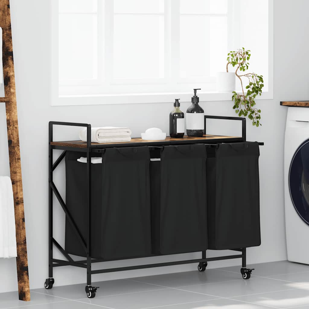 vidaXL Laundry Basket 3 Compartments with Wheels Smoked Oak 1