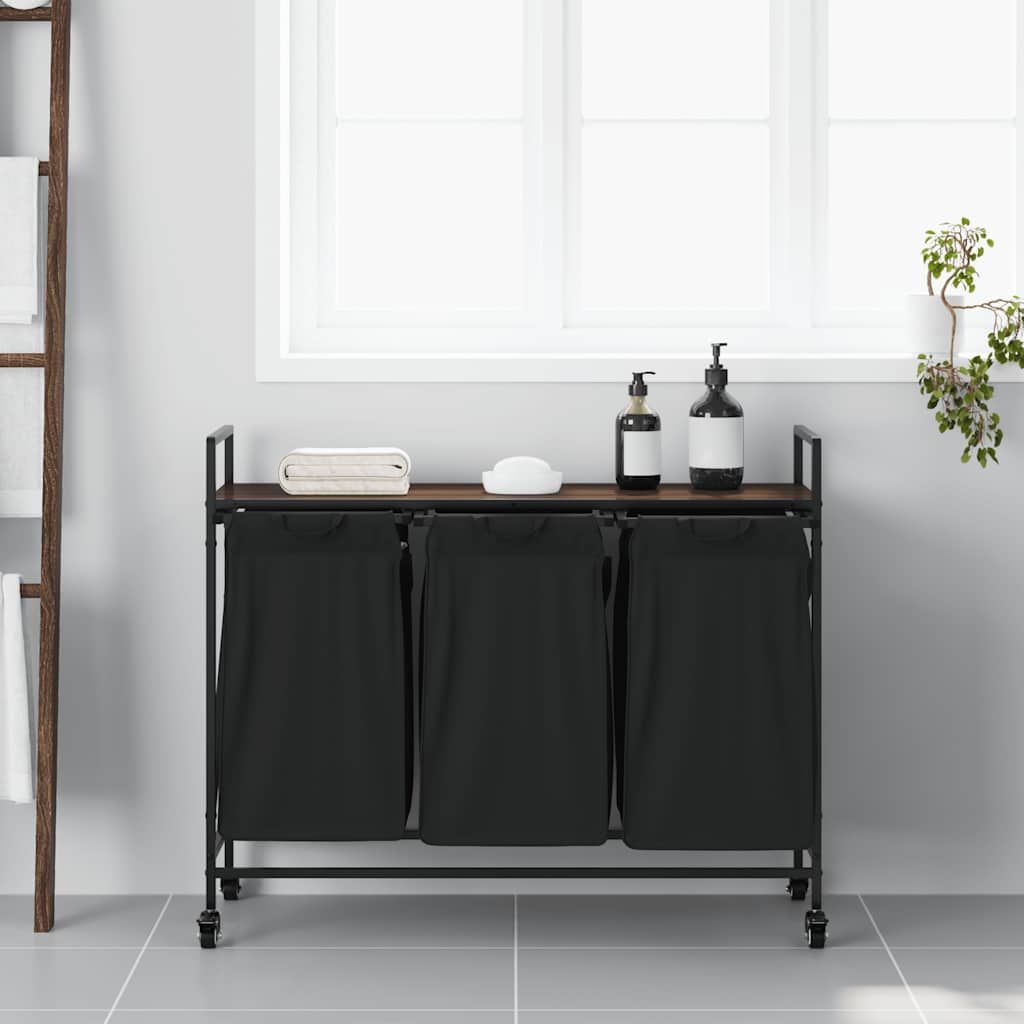 vidaXL Laundry Basket 3 Compartments with Wheels Brown Oak 3