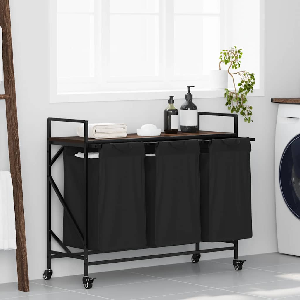 vidaXL Laundry Basket 3 Compartments with Wheels Brown Oak 1