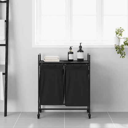 vidaXL Laundry Basket 2 Compartments with Wheels Black Oak 3