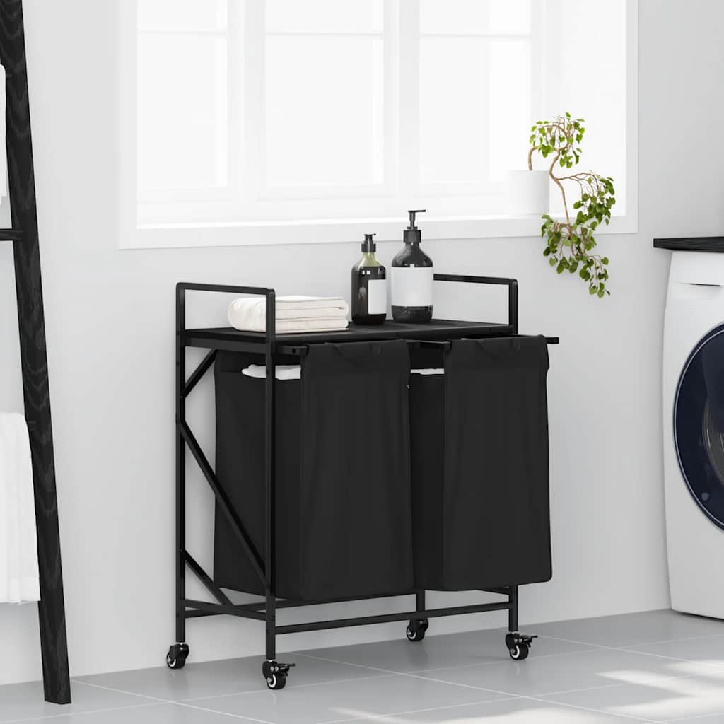 vidaXL Laundry Basket 2 Compartments with Wheels Black Oak 1
