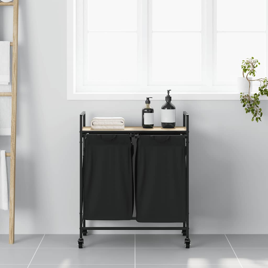 vidaXL Laundry Basket 2 Compartments with Wheels Sonoma Oak 3