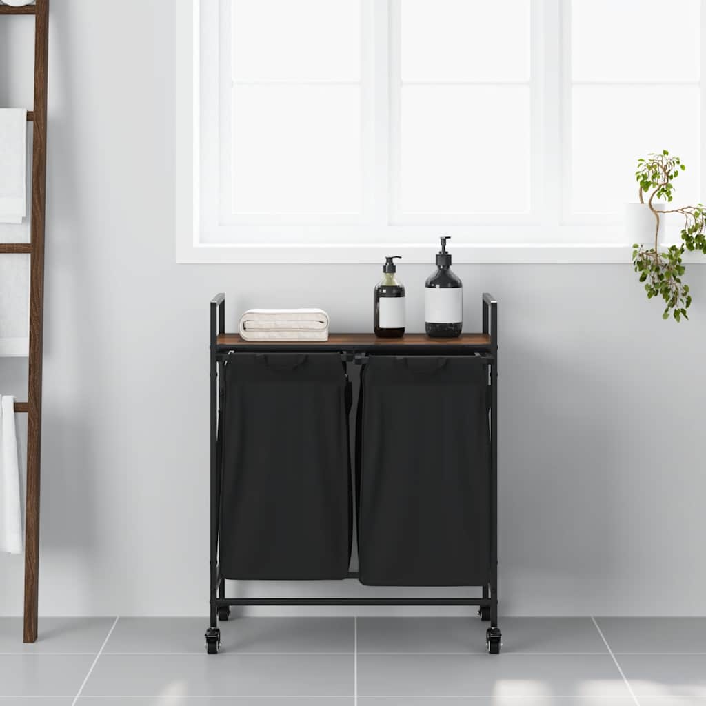 vidaXL Laundry Basket 2 Compartments with Wheels Brown Oak 3