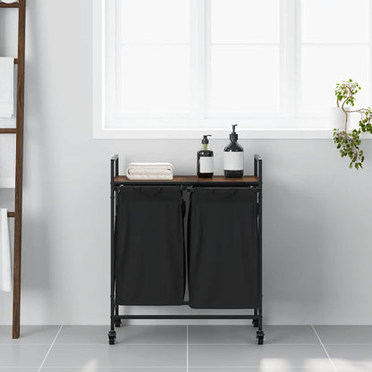 vidaXL Laundry Basket 2 Compartments with Wheels Brown Oak 3