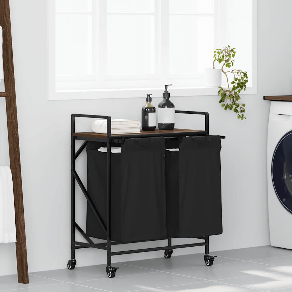 vidaXL Laundry Basket 2 Compartments with Wheels Brown Oak 1