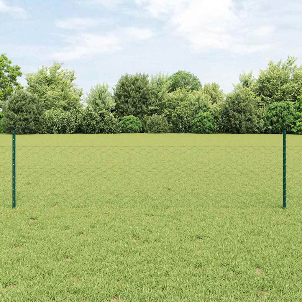vidaXL Hexagonal Fence with Post 25 x 0.5 m PVC-Coated Steel Green 1