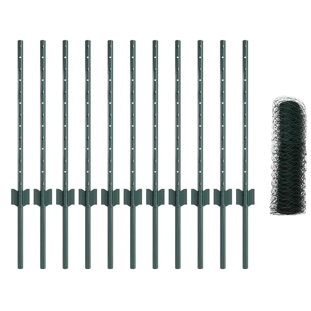 vidaXL Hexagonal Fence with Post 25 x 0.6 m PVC-Coated Steel Green 5
