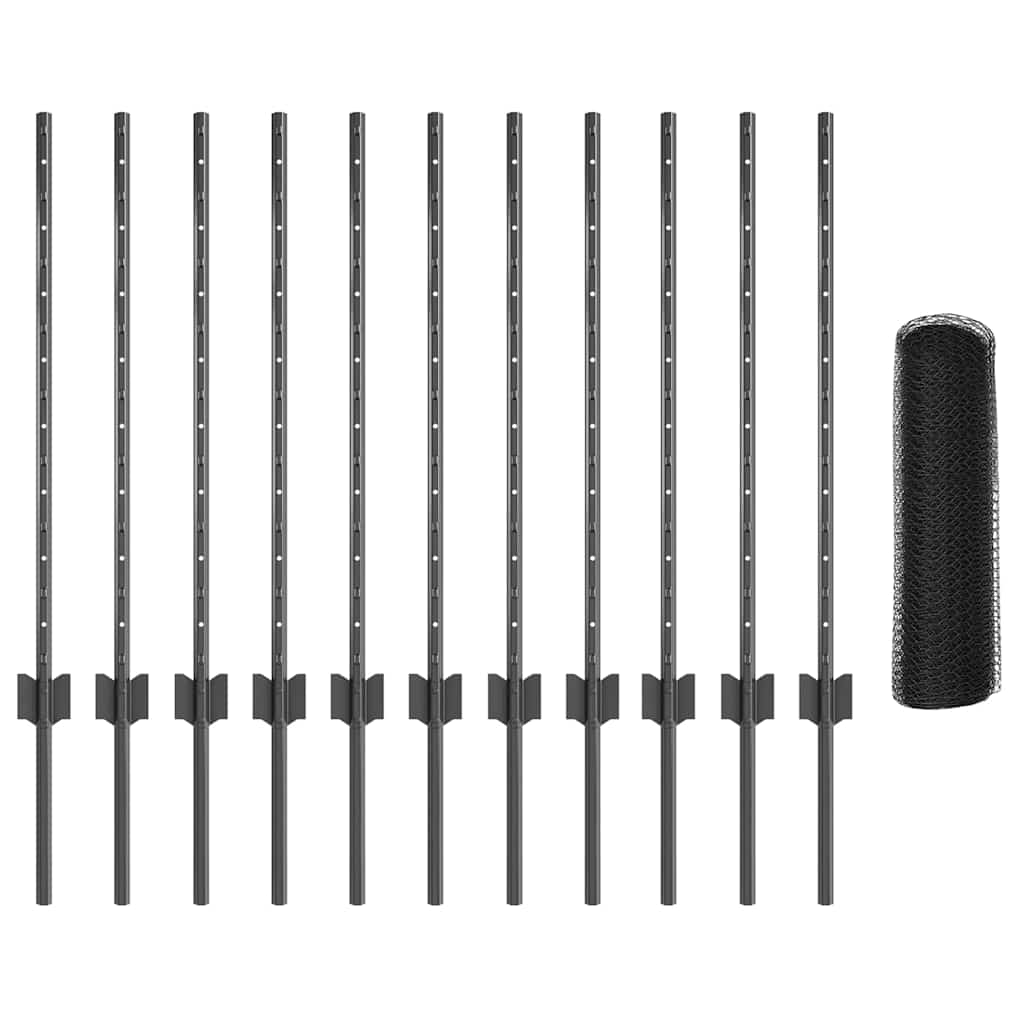 vidaXL Hexagonal Fence with Post 10 x 0.8 m PVC-Coated Steel Grey Mesh 5