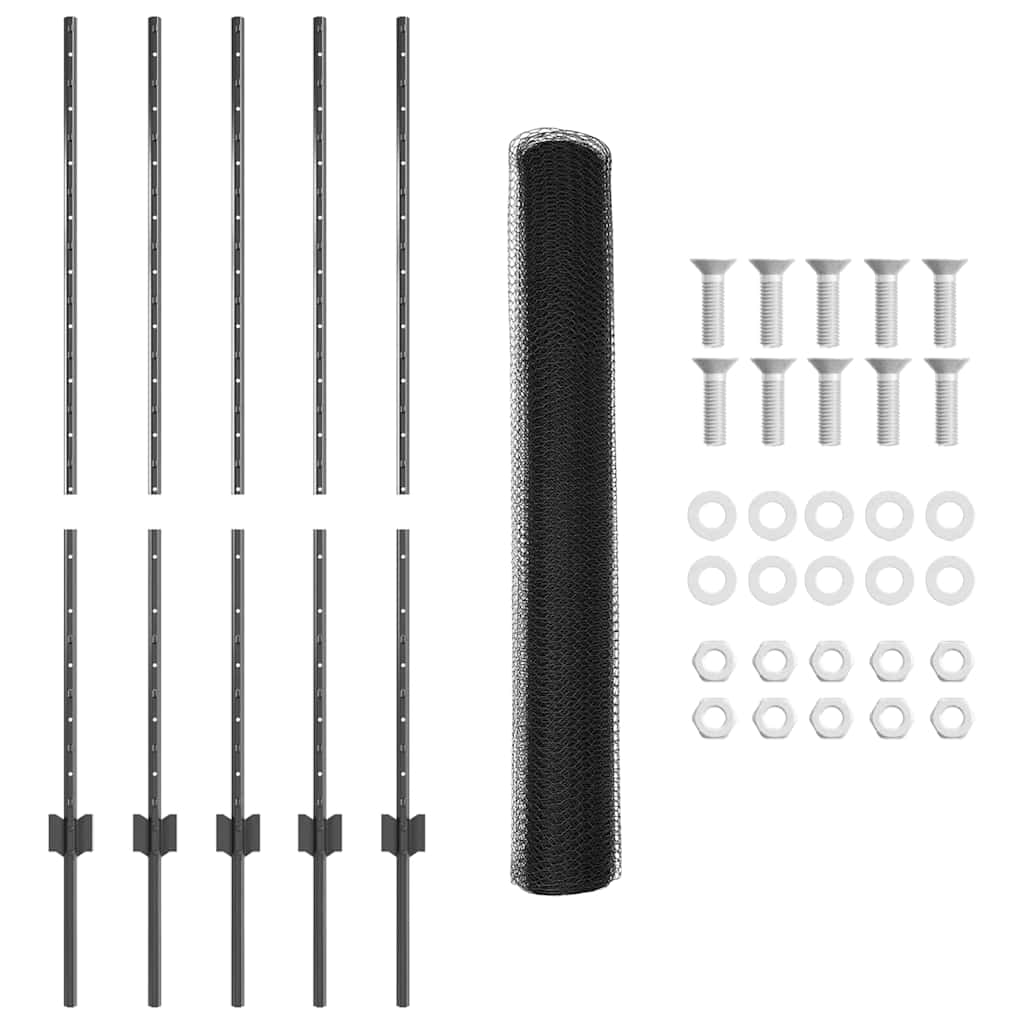 vidaXL Hexagonal Fence with Post 10 x 1.2 m PVC-Coated Steel Grey Mesh 6