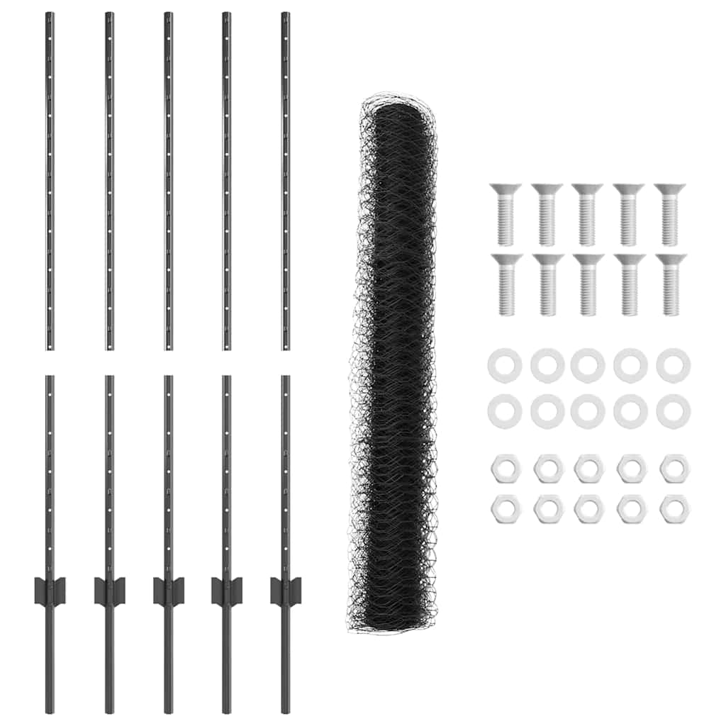 vidaXL Hexagonal Fence with Post 10 x 1.2 m PVC-Coated Steel Grey Mesh 6