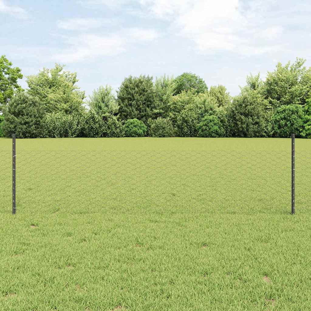 vidaXL Hexagonal Fence with Post 25 x 0.5 m PVC-Coated Steel Grey Mesh 1