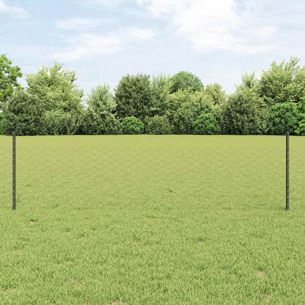 vidaXL Hexagonal Fence with Post 25 x 0.5 m PVC-Coated Steel Grey Mesh 1