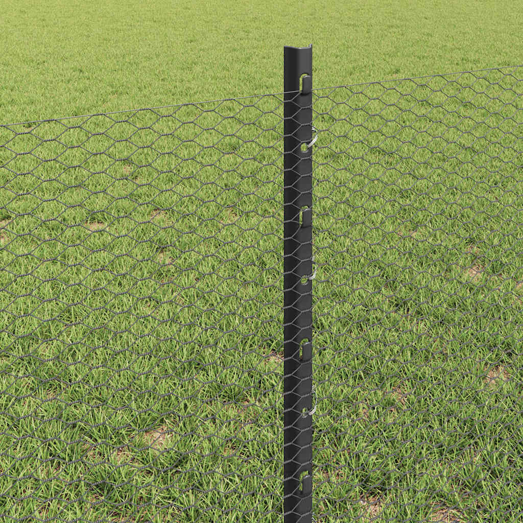 vidaXL Hexagonal Fence with Post 25 x 0.6 m PVC-Coated Steel Grey Mesh 4