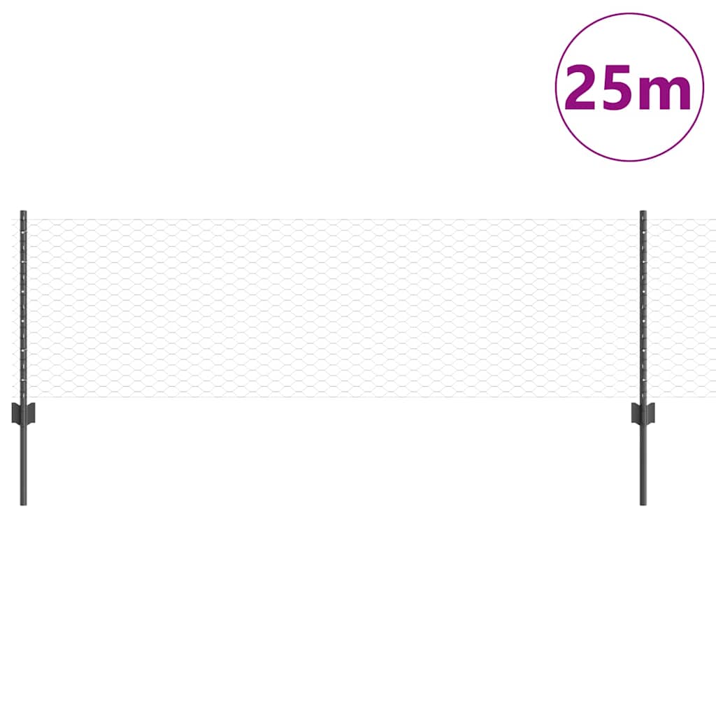 vidaXL Hexagonal Fence with Post 25 x 0.6 m PVC-Coated Steel Grey Mesh 3