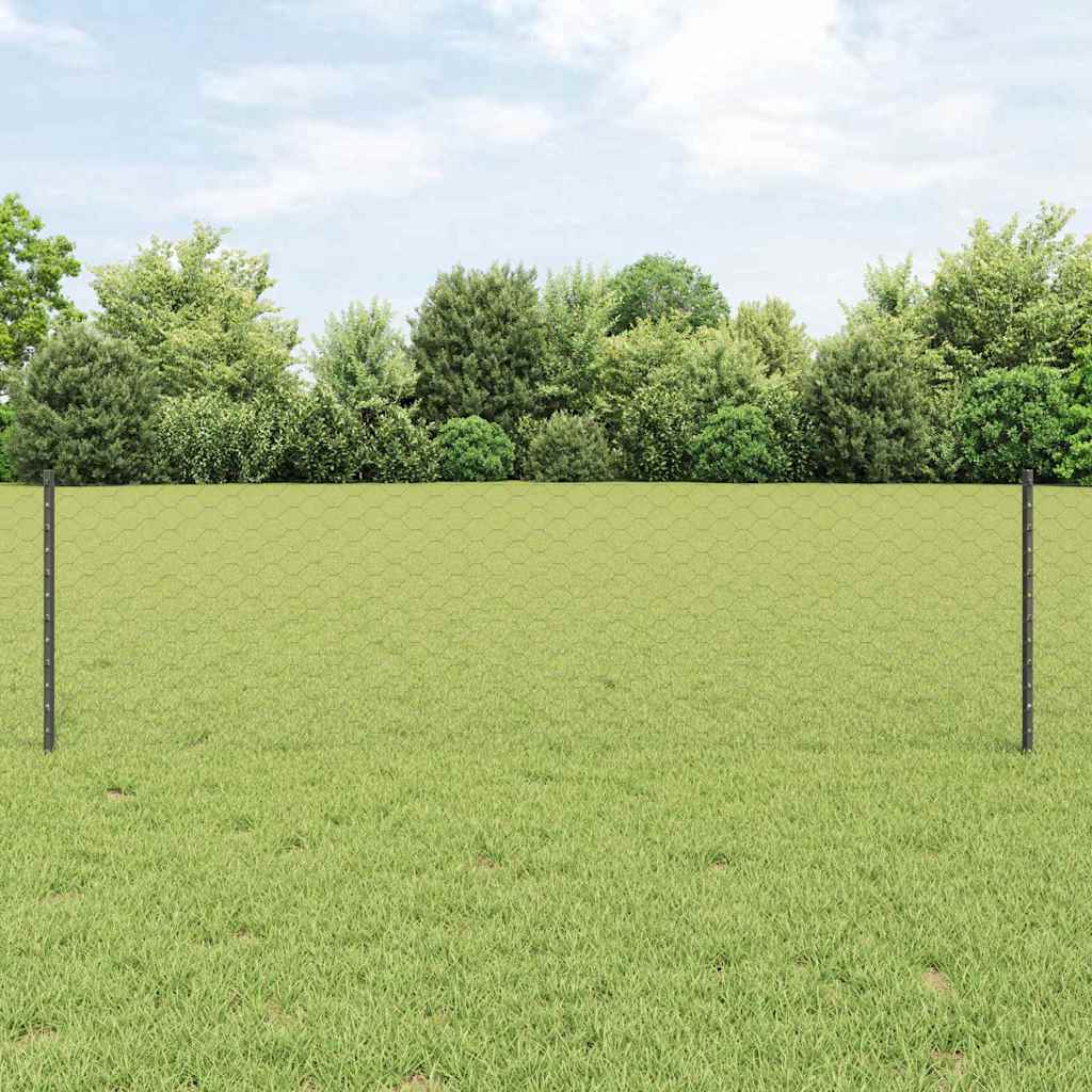 vidaXL Hexagonal Fence with Post 25 x 0.6 m PVC-Coated Steel Grey Mesh 1