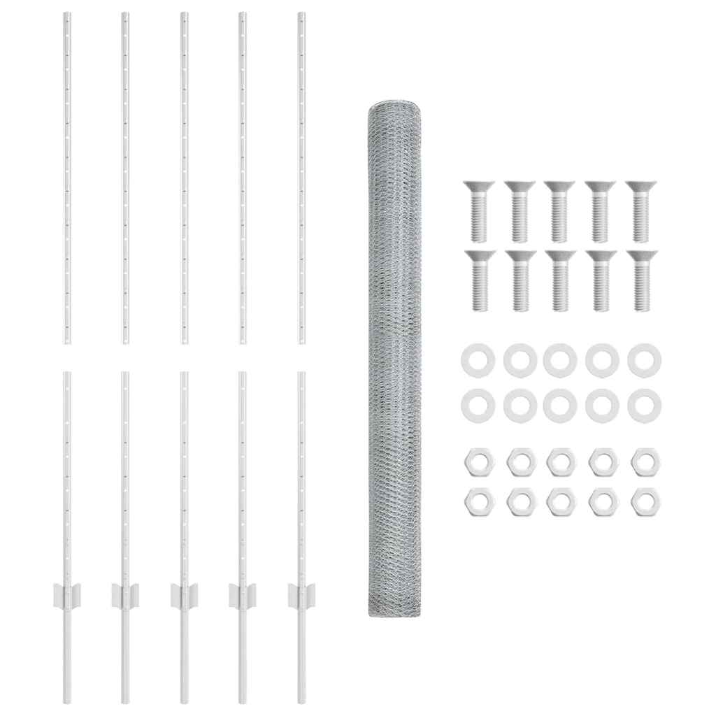 vidaXL Hexagonal Fence with Post 10 x 1.4 m Galvanised Steel Silver 6
