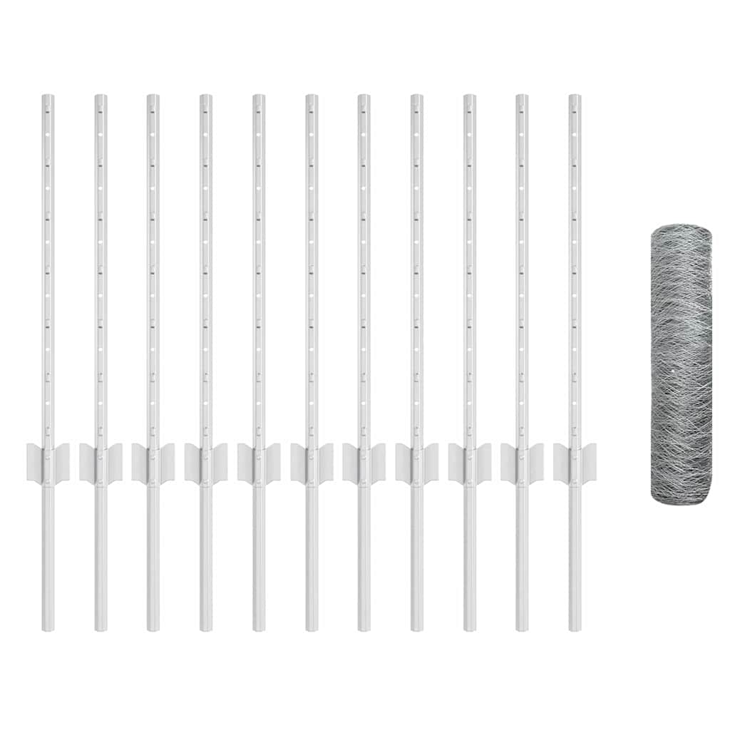 vidaXL Hexagonal Fence with Post 25 x 0.5 m Galvanised Steel Silver 5