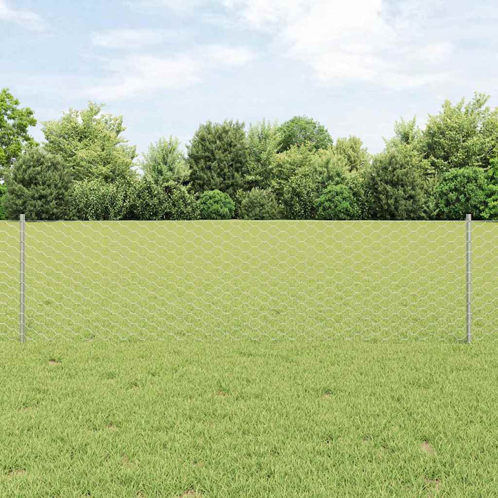 vidaXL Hexagonal Fence with Post 25 x 0.6 m Galvanised Steel Silver 1
