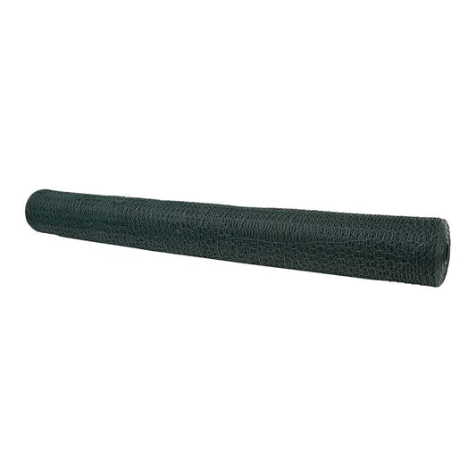 A roll of green hexagonal mesh fence material, unrolled slightly at one end