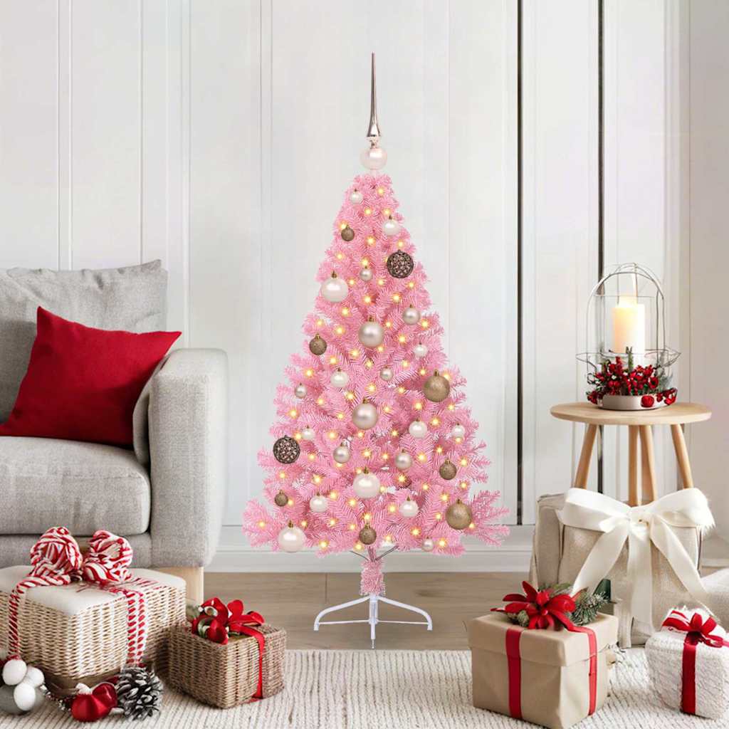 Artificial Pre-lit Christmas Tree PVC 120 cm Pink with 60 rose gold balls