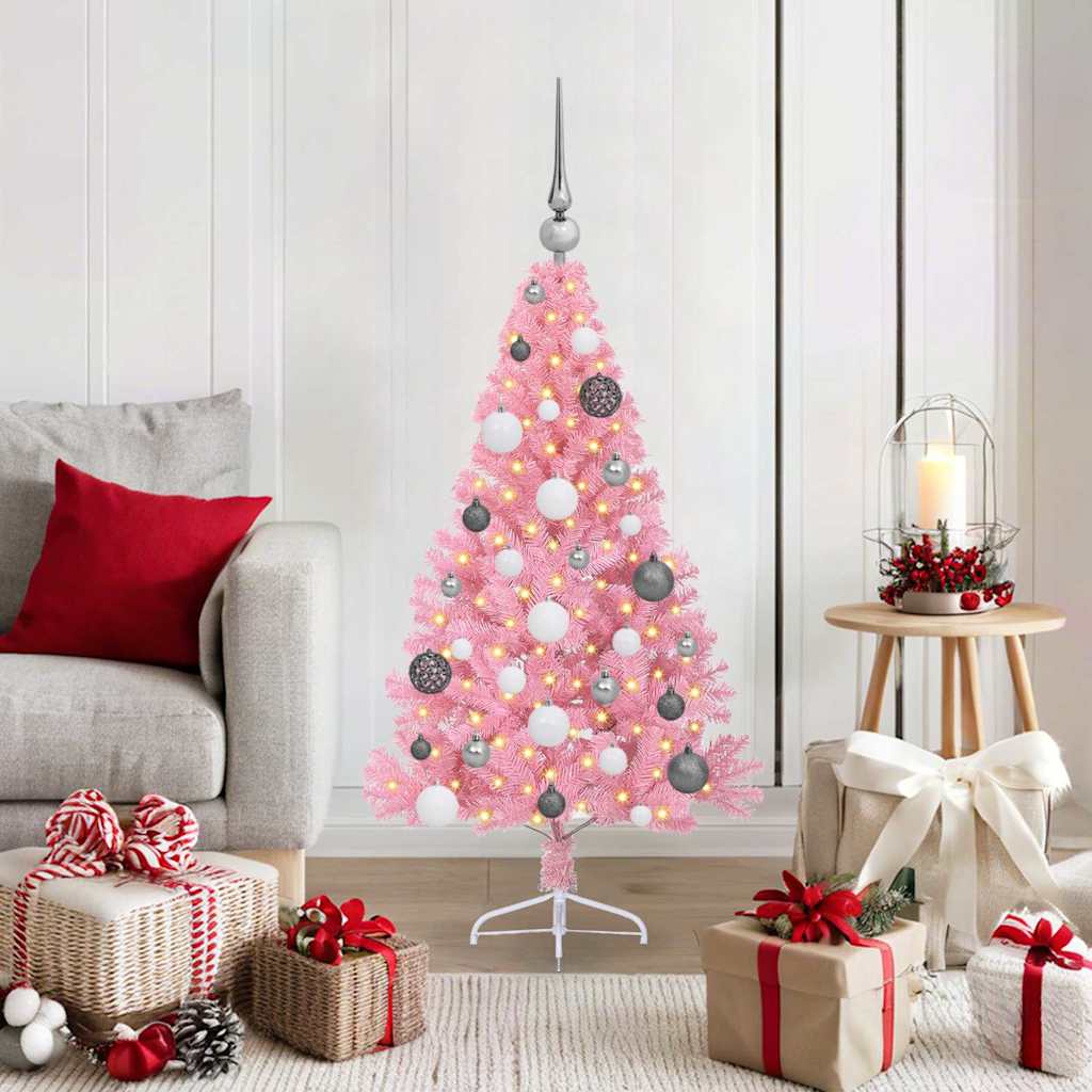 Artificial Pre-lit Christmas Tree PVC 120 cm Pink with 60 white/grey balls
