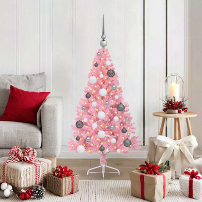 Artificial Pre-lit Christmas Tree PVC 120 cm Pink with 60 white/grey balls