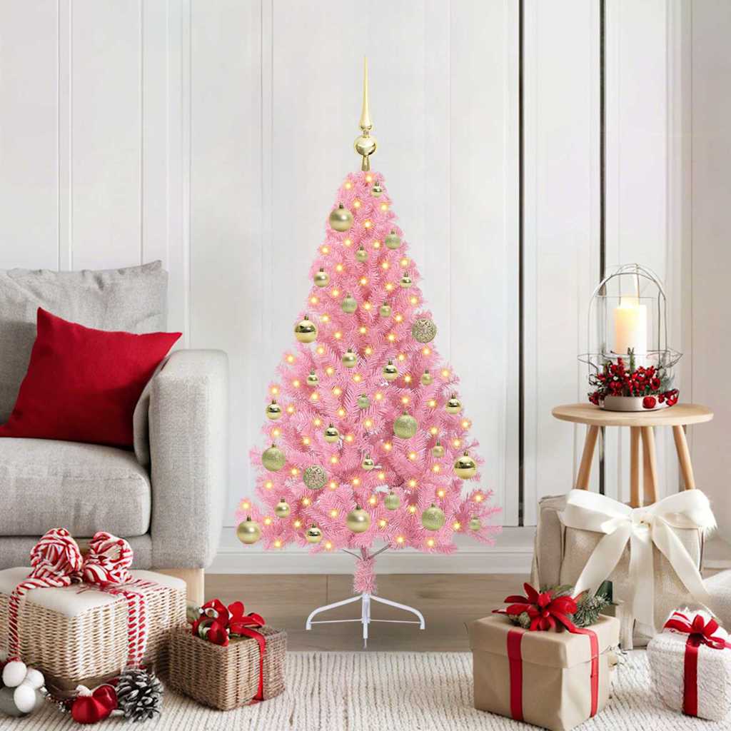 Artificial Pre-lit Christmas Tree PVC 120 cm Pink with 61 gold balls