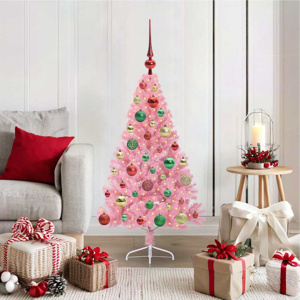 Artificial Pre-lit Christmas Tree PVC 120 cm Pink with 61 multicolour balls